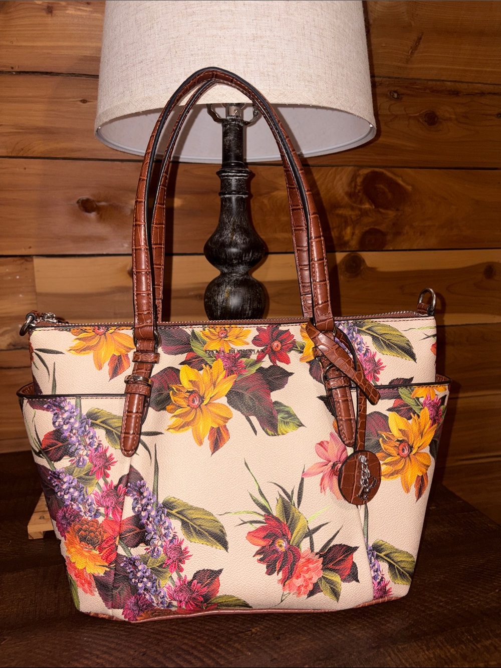 Dana Buchman Floral Tote in Cream with Yellow, Pink & Purple Flowers